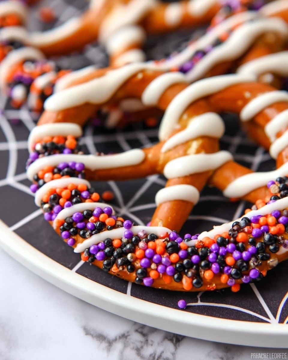 The image shows a close-up of a pretzel on a white plate with a black and white patterned mat underneath on a white marbled surface. The pretzel has several lines of white icing drizzled across its light brown twisted dough. Around the base of one pretzel arm, there is a thick ring of sprinkles in orange, purple, and black colors, giving a festive look. The textures contrast between the crunchy pretzel dough, smooth white icing, and small, rounded colorful sprinkles. Photo taken with an iphone --ar 4:5 --v 7