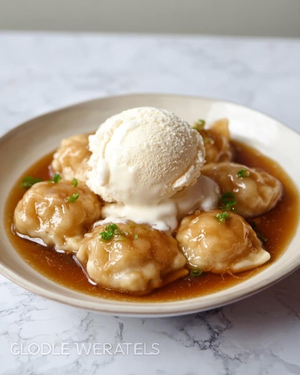The dish shows a white bowl placed on a white marbled surface, filled with light brown dumplings covered in a shiny sauce at the base. On top of the dumplings is a large scoop of creamy white ice cream, slightly melting and touching the dumplings below, with a smooth and soft texture. The background is a simple off-white wall that makes the colors of the food stand out. Photo taken with an iphone --ar 4:5 --v 7