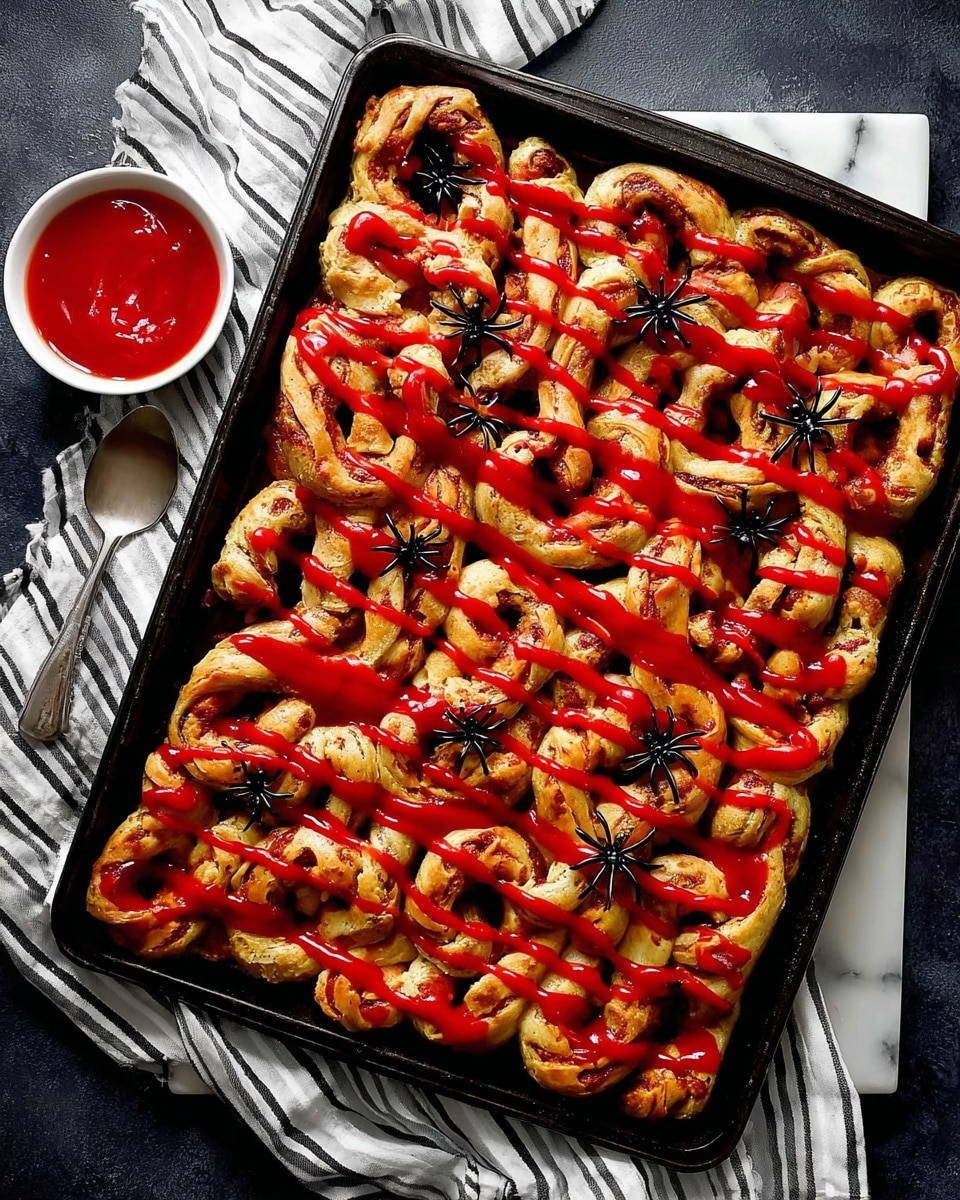 A close-up view of a tray filled with about twenty cinnamon rolls arranged tightly, each roll having a light golden-brown dough twisted with dark brown cinnamon layers creating a swirled pattern. On the right, a woman's hand holds a silver spoon dripping bright red icing, slowly covering the surface of the cinnamon rolls with thick, shiny red lines and drops. Next to the tray on the right is a white bowl filled with more red icing. In the background, a white striped cloth rests over a dark surface, with the whole scene set on a white marbled texture. Photo taken with an iphone --ar 4:5 --v 7