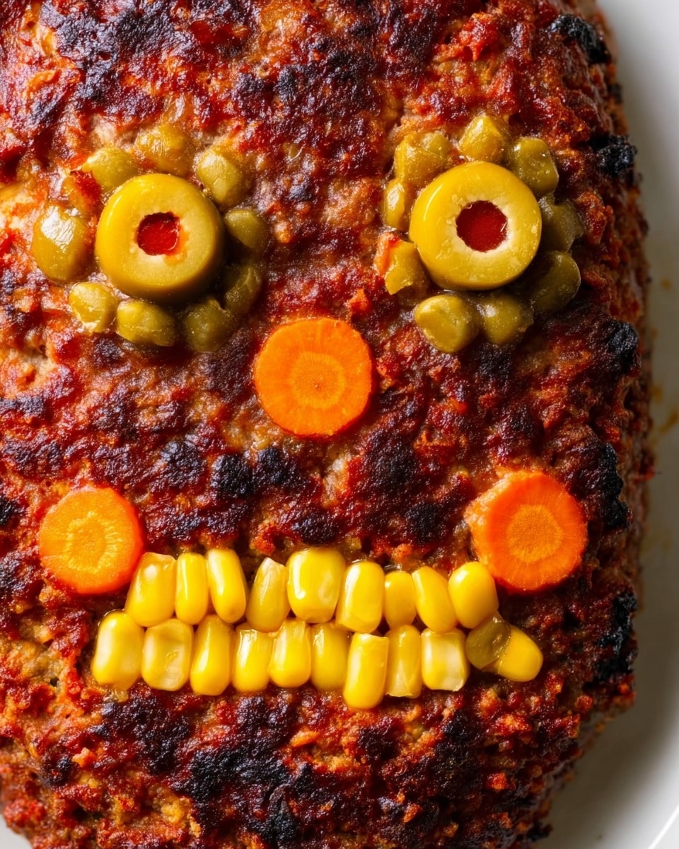 A close-up view of a dark, textured, baked meatloaf shaped like a face on a white plate, resting on a white marbled surface. The face has two eyes made from sliced yellow and green olives with red centers, placed on top of round orange slices resembling carrots. Below the eyes, there is a mouth formed by two rows of bright yellow corn kernels arranged neatly in a rectangular shape. The surface of the meatloaf is rough and slightly crispy, with various shades of brown and reddish tones. Photo taken with an iphone --ar 4:5 --v 7