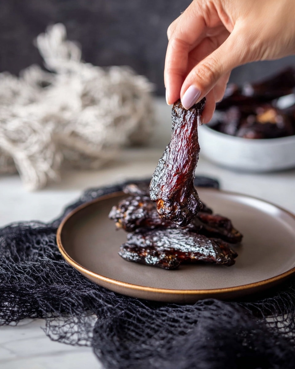 A woman's hand holds a dark, shiny cooked chicken wing by the tip, lifting it above a light brown plate with a smooth matte finish. The chicken wing has a slightly wrinkled texture with a glossy surface showing a mix of black and deep purple hues. In the background, there is a white plate filled with similar dark chicken wings, slightly blurred. The scene is set on a white marbled surface with a dark, loose net-like fabric adding texture on the side, along with some soft white cobweb-like details. Photo taken with an iphone --ar 4:5 --v 7