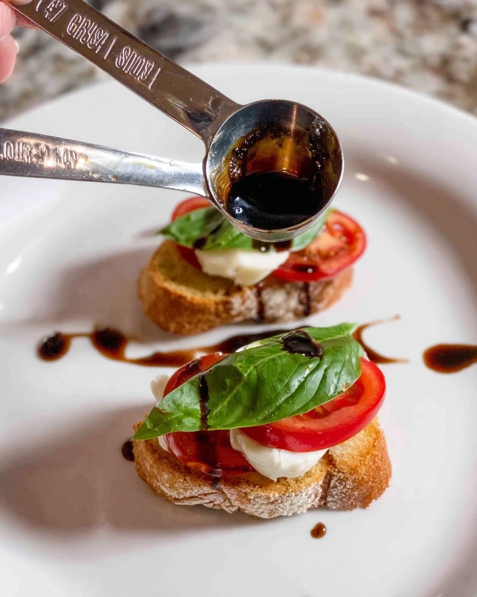 The image shows a white plate with two small open-faced sandwiches. Each sandwich has three layers: the bottom layer is a light golden brown toasted bread with a rough texture, the middle layer is a bright red round tomato slice, and the top layer is a fresh, green basil leaf along with a soft white mozzarella cheese piece that appears smooth and slightly shiny. A dark brown balsamic glaze is being drizzled over the top using a metal measuring spoon held by a woman's hand, and some drops of the glaze have splattered on the white plate. The background is a white marbled surface. photo taken with an iphone --ar 4:5 --v 7