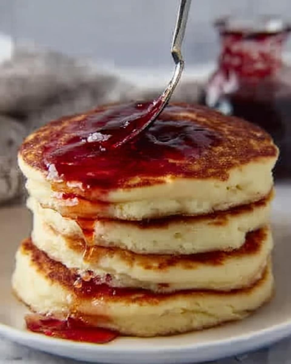 A stack of four thick, fluffy pancakes with a golden brown top layer is shown, with a spoon spreading deep red syrup over the top pancake and some syrup dripping down the sides. The pancakes have soft, slightly bumpy texture with light brown spots on the surface. The stack sits on a white plate placed on a white marbled surface, and a glass container with more syrup is blurred in the background. photo taken with an iphone --ar 4:5 --v 7