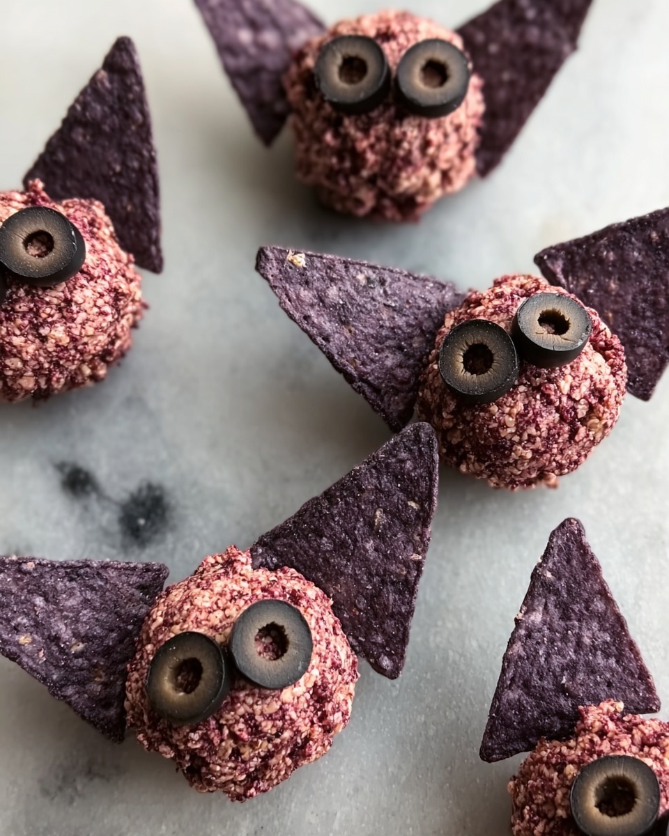 The image shows multiple small round balls made of a reddish mixture, each topped with two round black olive slices to form eyes. Each ball is paired with a large triangular dark purple chip placed behind it, resembling ears or wings. These sets are arranged on a smooth white marbled surface, with the balls having a textured look and the chips appearing crisp. The scene is close-up, showing details of the olive slices and the rough texture of the balls and chips. photo taken with an iphone --ar 4:5 --v 7