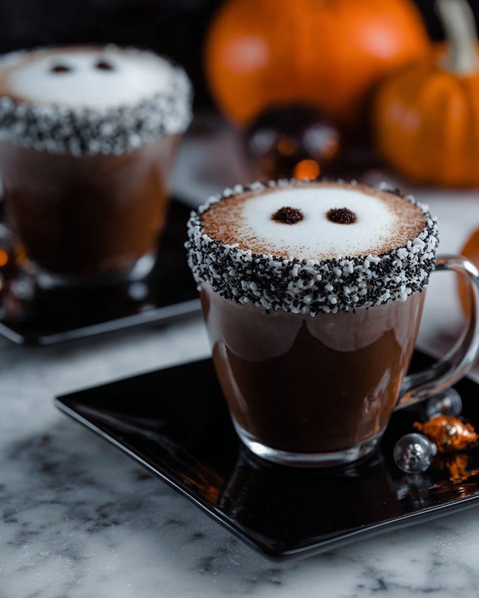 The image shows a clear glass cup filled with dark brown hot chocolate topped with white foam shaped like a ghost with three dark eyes and mouth. The cup's rim is coated with black and white sprinkles, adding texture and contrast. The cup sits on a black rectangular tray, and in the blurred background, there are small pumpkins in orange and green colors, alongside a lit candle, creating a warm, autumn feel. The surface beneath everything is a white marbled texture. photo taken with an iphone --ar 4:5 --v 7