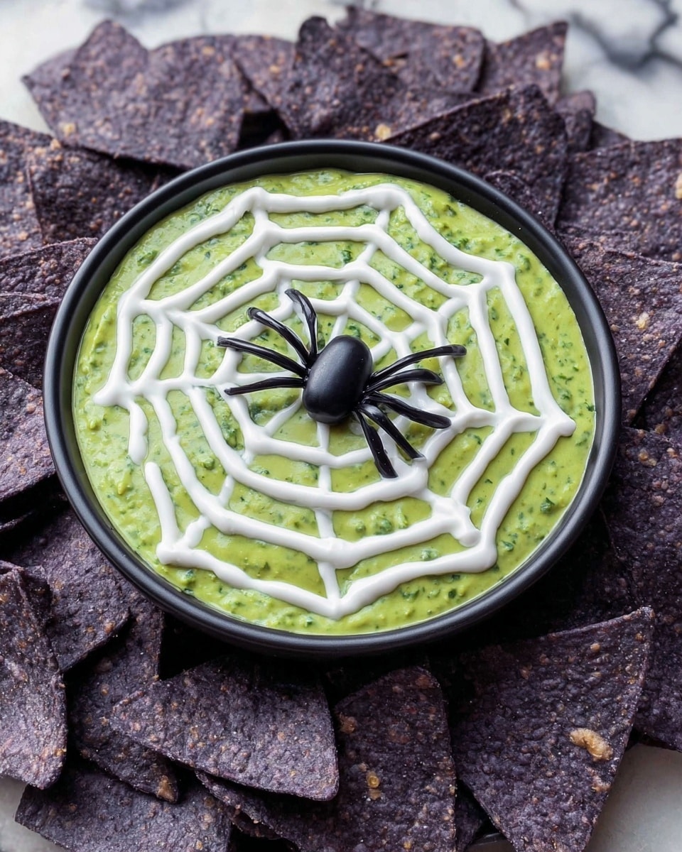 A bowl of green guacamole shaped like a face fills a white bowl, placed on a white marbled surface. The face features two circular cucumber slices for eyes, each with a black bean in the center. Above the eyes, dark purple tortilla chips are arranged to look like spiky hair. A single dark purple tortilla chip is placed vertically in the center as the nose. At the bottom, a row of black beans forms a mouth with visible teeth. The guacamole has a slightly chunky texture with small bits of ingredients visible. Photo taken with an iphone --ar 4:5 --v 7