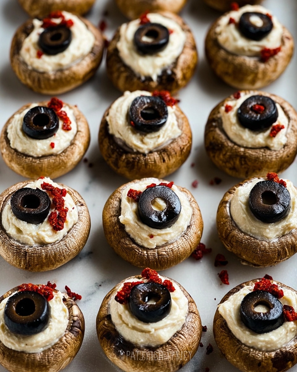 A dark plate holds six round brown mushroom caps filled with light cream cheese. Each mushroom is topped with a black olive slice placed on top, resembling an eyeball. Small thin brown sticks are arranged around the olive slice to look like eyelashes. A woman's hand with black nail polish is holding one mushroom close to the camera. The surface beneath has a white marbled texture. A black toy spider is blurred in the background. photo taken with an iphone --ar 4:5 --v 7