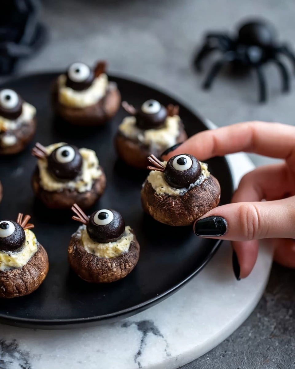 The image shows eight stuffed mushrooms arranged on a shiny black plate, sitting on a red cloth over a white marbled surface. Each mushroom has three layers: the brown mushroom base with a smooth texture, a creamy white filling inside the mushroom cap, and a sliced black olive placed on top of the filling, with small bits of red garnish scattered around the olive. In the background, there is a glass jar filled with more stuffed mushrooms and a decorative pumpkin with orange light inside. A glass container holds blue-tipped matches on the left side. Photo taken with an iphone --ar 4:5 --v 7