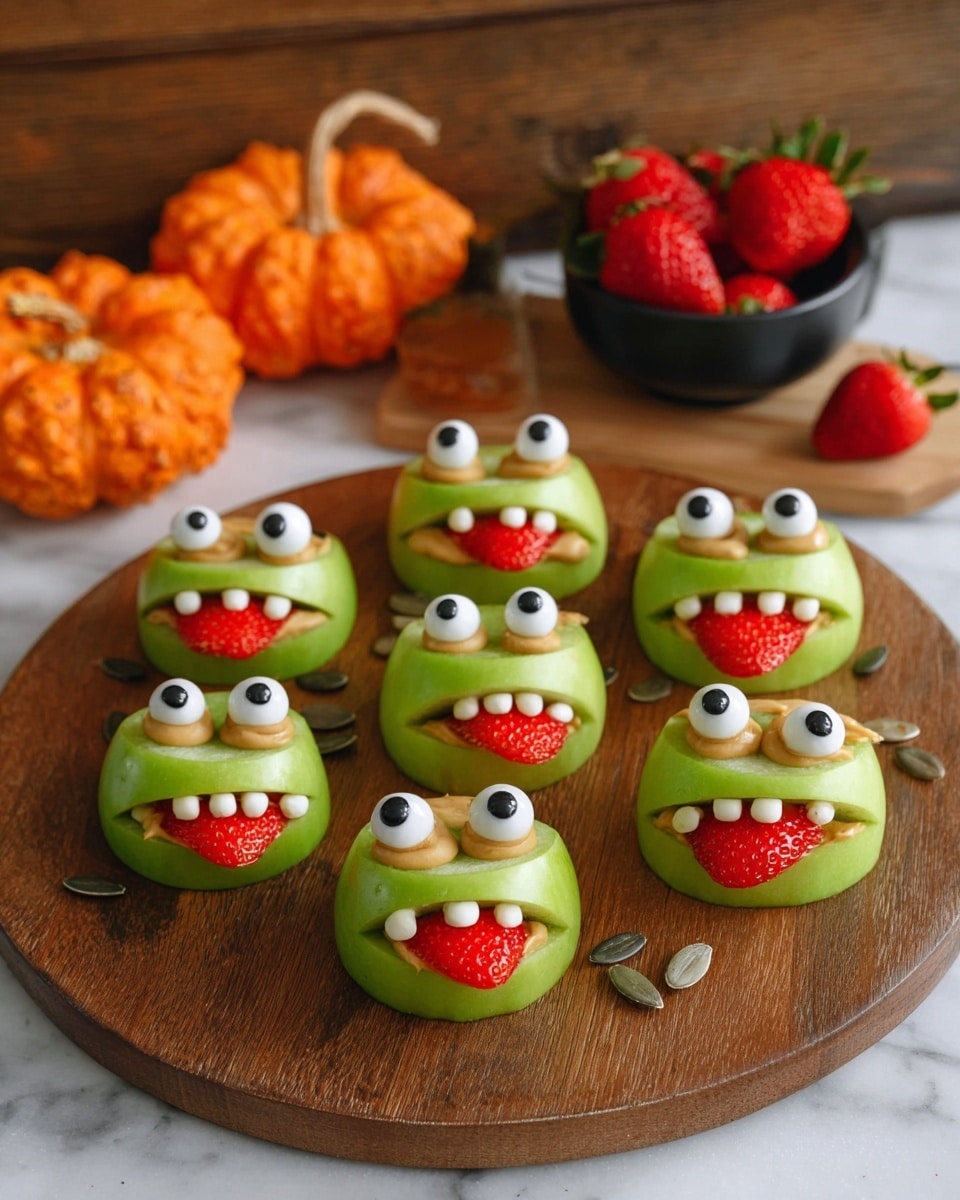 The image shows three green apple slices standing upright on a wooden board, each decorated to look like a monster face. Each apple slice has a wide open
