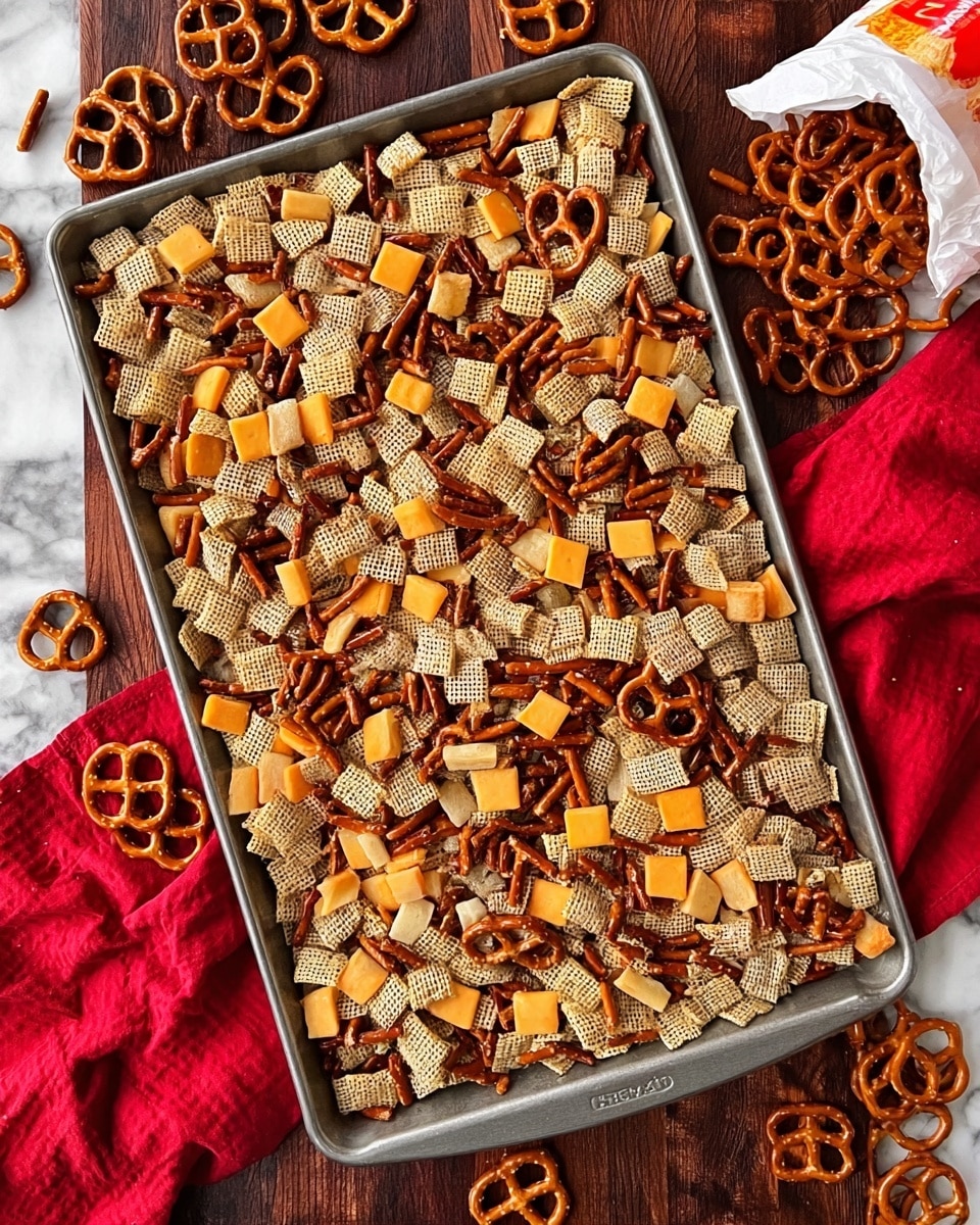 A close-up image of a waffle cone standing upright inside a clear glass bottle, filled with a mix of snack items. The outer layer of the cone is light brown with a visible waffle pattern, and inside, there are multiple layers of different snacks including square tan cereal pieces, small orange and yellow candy-coated chocolates scattered throughout, twisted pretzels with a shiny brown surface, and some pieces of brown, crunchy-looking chips. The background is blurred but has warm tones with a white marbled surface beneath. photo taken with an iphone --ar 4:5 --v 7