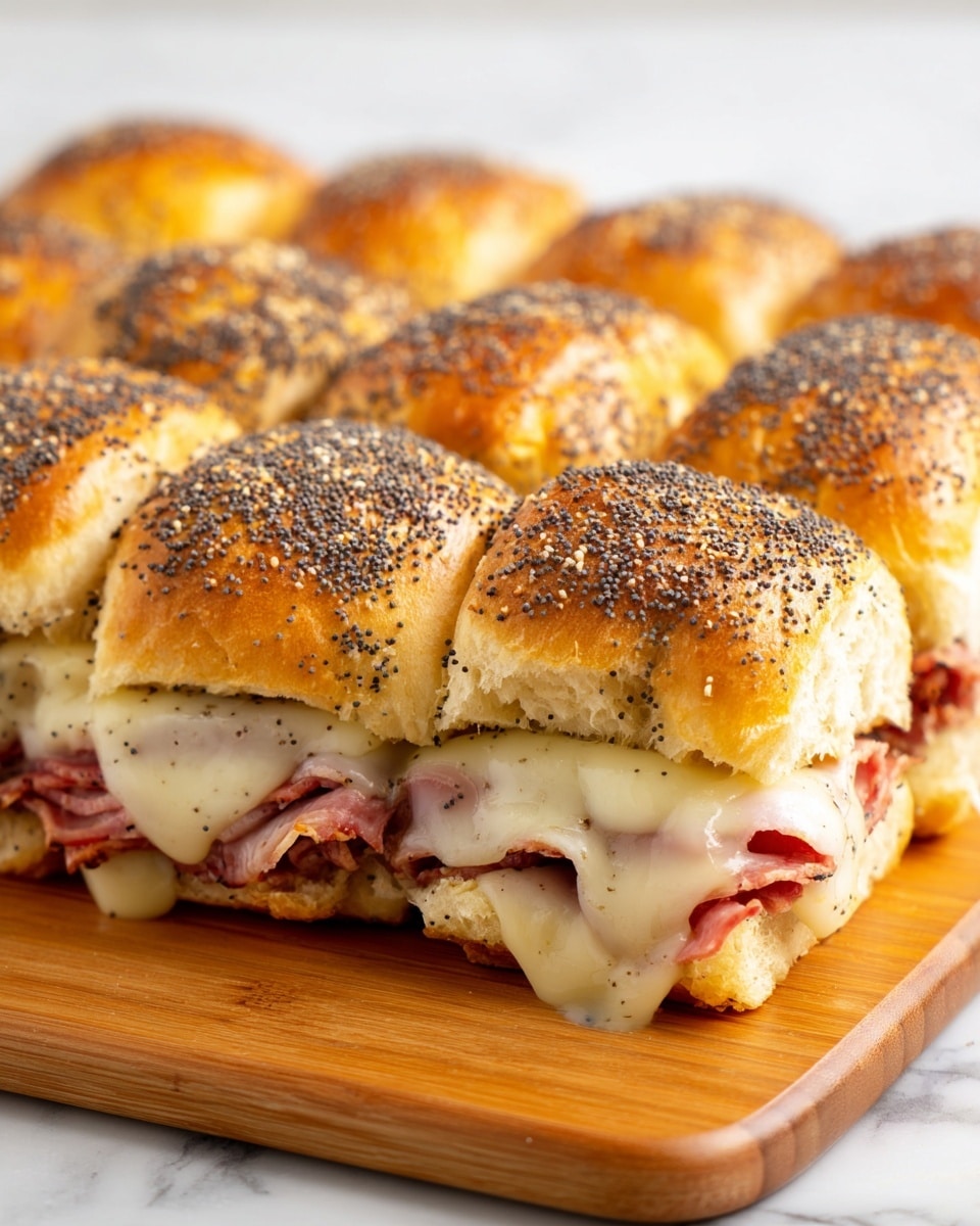The image shows a close-up of a group of soft, shiny bread rolls with a dark seed topping, arranged side by side. Each roll has three visible layers: the top golden brown bun with seeds, a smooth layer of melted orange cheese just below the bun, and a thin layer of pink deli meat peeking out underneath. The rolls rest on a white marbled textured surface, with some melted cheese spilling slightly onto the surface. The photo taken with an iphone --ar 4:5 --v 7