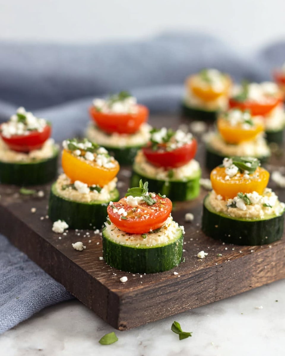 The image shows several small snack bites arranged on a brown wooden board placed on a white marbled surface. Each bite has three layers: the base is a thick round slice of green cucumber with a smooth surface, topped with a light beige creamy spread, and finished with a half cherry tomato, either red or yellow, placed on top. White crumbles of cheese and small green herb pieces are sprinkled on the top of each bite and around the board. A few whole orange cherry tomatoes are scattered around the board in the background. Photo taken with an iphone --ar 4:5 --v 7