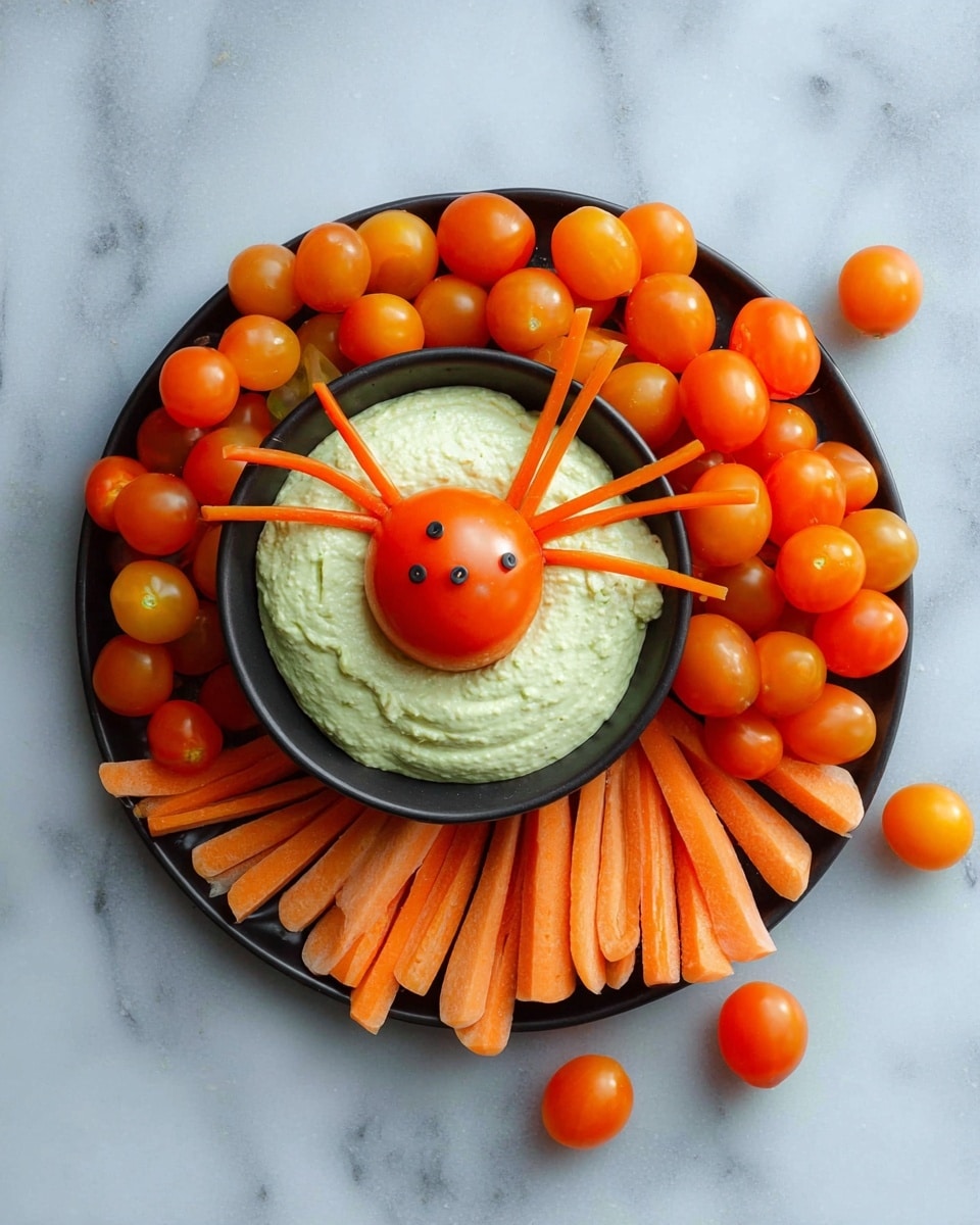 A black bowl filled with light green creamy dip sits in the middle of a white marbled surface. Surrounding the bowl is a round white plate filled with small bright orange cherry tomatoes on the top half and baby carrots arranged neatly on the bottom half, creating a vibrant border. On top of the dip inside the bowl, half a larger orange tomato with two small dark dots resembling eyes is placed in the center. Thin orange carrot sticks extend outward from the tomato half like spider legs. Additional cherry tomatoes are scattered loosely on the white marbled surface around the plate. photo taken with an iphone --ar 4:5 --v 7