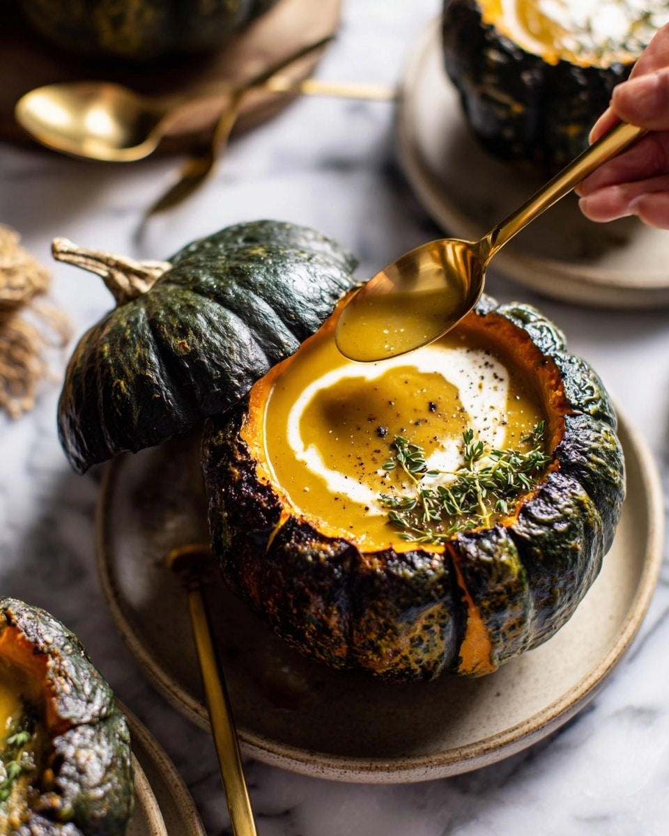 The image shows two small pumpkins hollowed out and filled with creamy yellow soup, each topped with a swirl of white cream and sprinkled with tiny green herbs and black pepper. One pumpkin is bright orange with a shiny surface, while the other is dark green with a matte look and its lid slightly tilted to the side. Both pumpkins sit on round white plates with a rough texture. Around the pumpkins, there are four golden spoons scattered casually on a wrinkled light gray fabric. In the upper right corner, there are two brown baked rolls with soft, fluffy interiors visible, placed on the same fabric. The background is a white marbled surface. Photo taken with an iphone --ar 4:5 --v 7