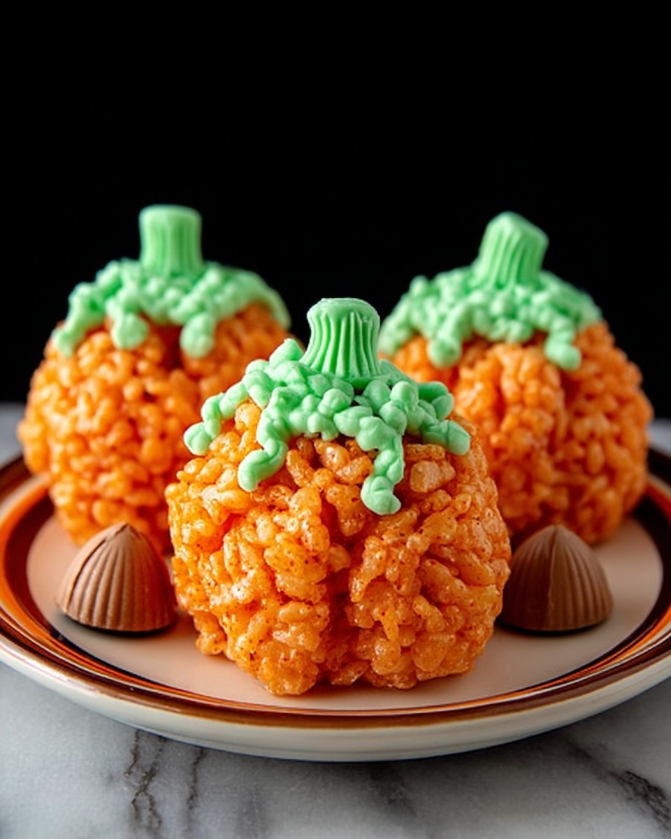 The image shows a close-up of a single orange ball-shaped treat with a crumbly texture, topped with a small dollop of smooth light green icing and a white center visible near the top. The bottom part contains a small, textured light brown layered piece. The treat sits on a black tablecloth with white and orange Halloween-themed patterns. In the blurred background, more of the same treats are displayed on a white cake stand with a the edge having a scalloped design. The overall colors are bright orange, light green, white, and light brown against the dark patterned cloth and white marbled texture surface. Photo taken with an iphone --ar 4:5 --v 7