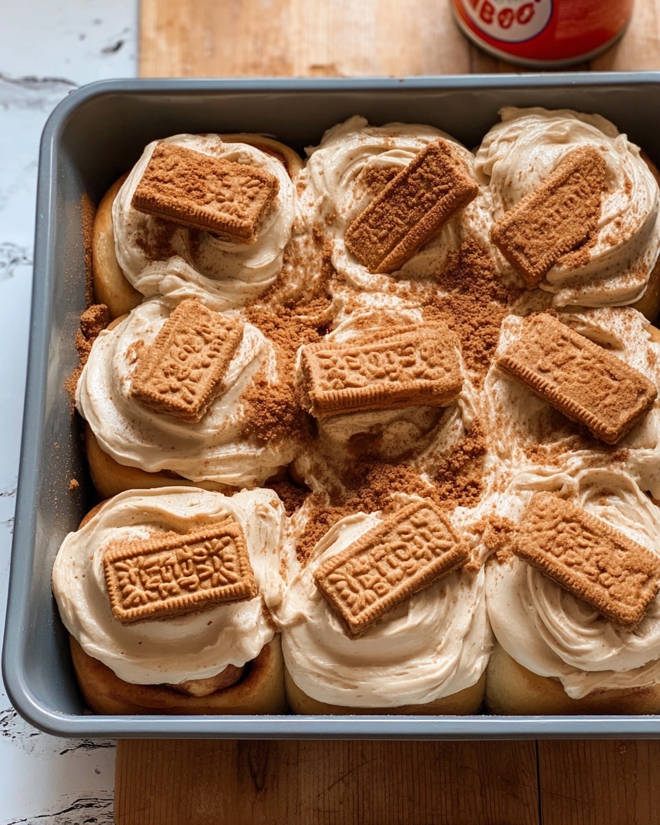 The image shows a gray square baking pan filled with nine cinnamon rolls arranged in a 3x3 grid. Each roll has a thick layer of light brown creamy frosting swirled on top, with a slightly shiny texture. Crushed crumbs of darker brown cookies are sprinkled over the frosting, adding a crumbly texture. Two halved rectangular brown cookies with embossed patterns are placed in the center of some rolls for decoration. The pan sits on a wooden surface, with a white marbled texture in the background partially visible. Photo taken with an iphone --ar 4:5 --v 7