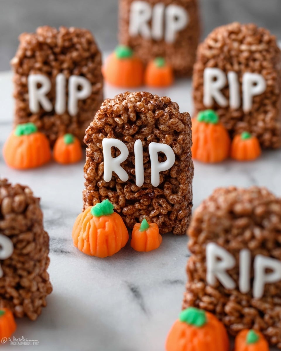 The image shows several tombstone-shaped treats made from crispy rice cereal mixed with a brown syrup, each standing upright on a white marbled surface. The treats have a rounded, uneven texture and are decorated with the letters