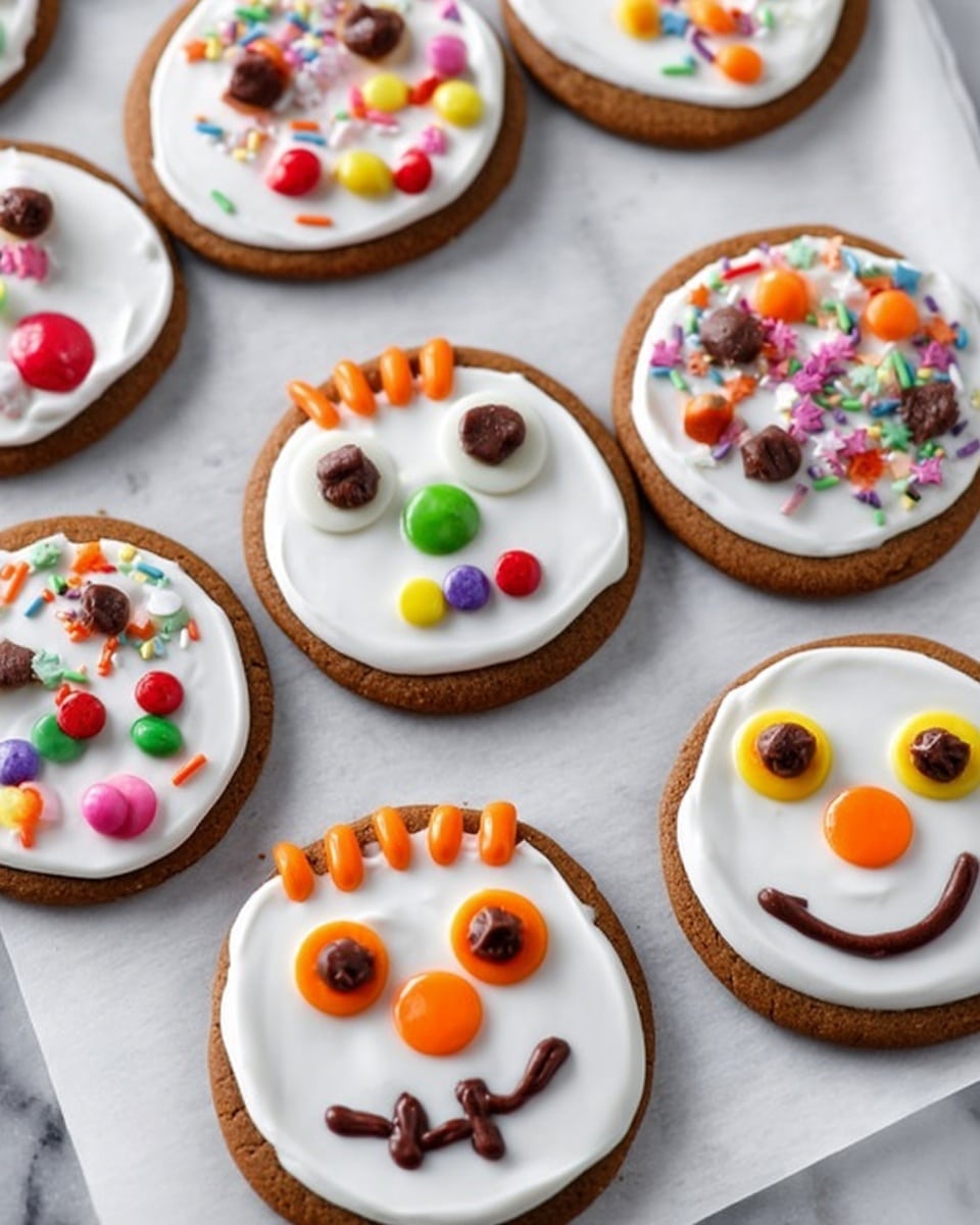 The image shows flat round cookies with a dark brown base layer topped with a smooth white icing layer. Each cookie is decorated with colorful candy pieces arranged to look like playful faces with eyes, noses, mouths, and hair details in bright colors such as red, orange, yellow, green, blue, and purple. The cookies are on a white marbled surface with small bowls of assorted colorful sprinkles nearby. A woman's hand is holding a wooden stick that is touching a cookie with freshly spread white icing. photo taken with an iphone --ar 4:5 --v 7