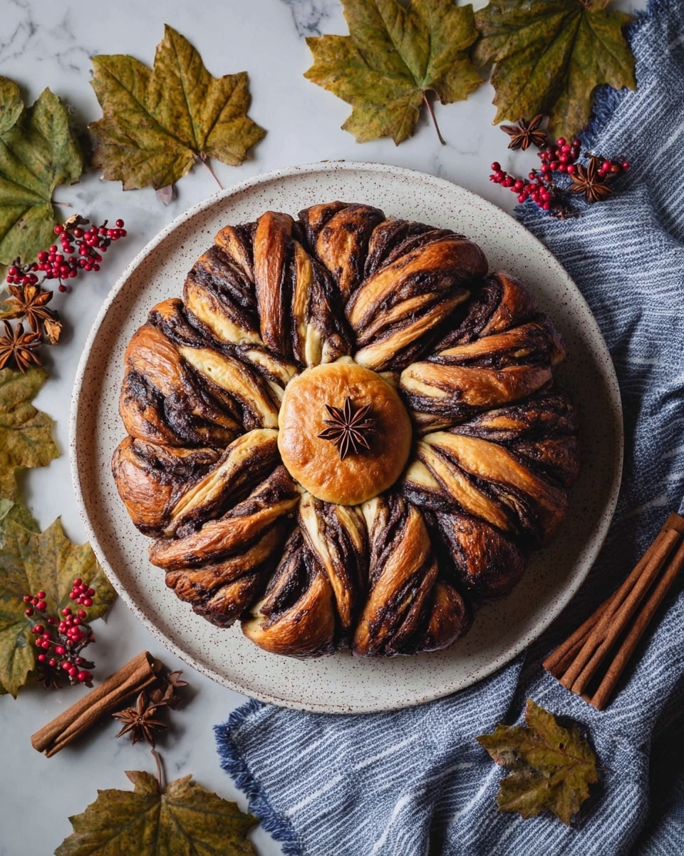 The image shows a round pastry shaped like a flower with eight twisted petal layers, each petal having dark brown chocolate swirls and golden baked dough. In the center, there is a small round piece of dough topped with a star anise. The pastry is on a white speckled plate placed on a white marbled surface. Around the plate, there are dry autumn leaves in green, yellow, and brown shades, some red berries, cinnamon sticks, and star anise, with a light gray cloth with blue stripes on one side and a blue textured cloth on the other. photo taken with an iphone --ar 4:5 --v 7