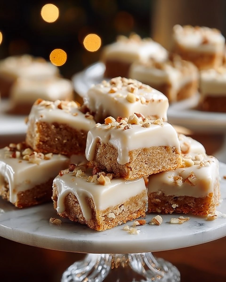 A pile of small square treats stacked in a pyramid shape on a white plate with gold trim, each piece showing two layers: a crumbly light brown bottom layer and a shiny, smooth light beige icing on top. The texture of the bottom layer looks grainy and soft, and the icing layer is thin but shiny, covering each square fully. The plate sits on a white marbled surface with a blurred white mug in the background. photo taken with an iphone --ar 4:5 --v 7