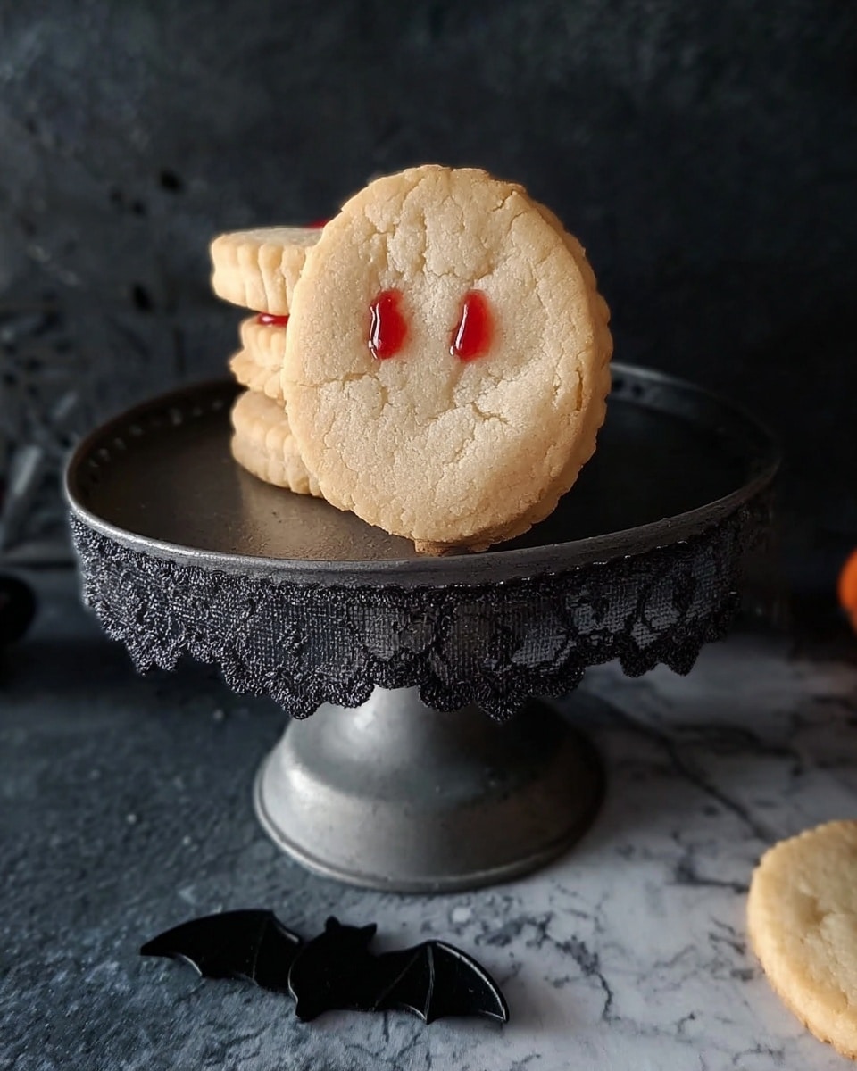 The image shows three round cookies stacked on a gray metal cake stand with a lace trim. The top cookie has two small drops of red syrup near the center. The background has a dark tone with a white marbled texture surface visible at the bottom. A small black bat decoration is placed at the front near the bottom edge of the image. The photo taken with an iphone --ar 4:5 --v 7