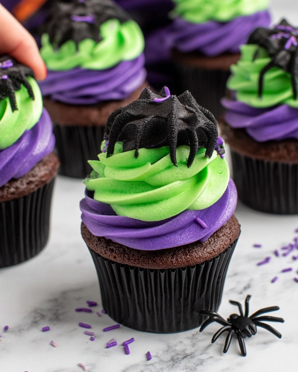 The image shows chocolate cupcakes in black liners on a white marbled surface. Each cupcake has three thick swirled frosting layers: the bottom layer is bright purple, the middle layer is bright green, and the top layer is black with a star shape. Purple sprinkles and black decorative spiders are scattered around the cupcakes. A woman's hand is holding one cupcake in the background. photo taken with an iphone --ar 4:5 --v 7