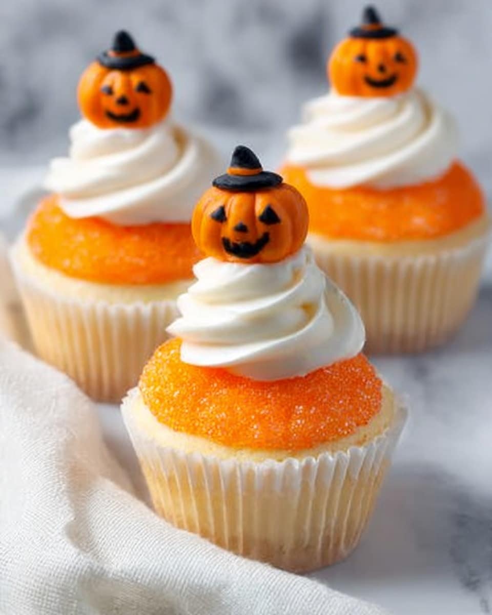 The image shows two cupcakes with bright orange frosting placed on a white marbled surface. Each cupcake has two thick swirls of white frosting on top, decorated with orange sugar sprinkles covering one side of the frosting. On top of each swirl, there is a small pumpkin-shaped decoration with a smiling face and a black witch hat. A woman's hand is gently holding one cupcake, and soft white fabric is draped around them, adding a light and airy feel to the scene. The photo taken with an iphone --ar 4:5 --v 7