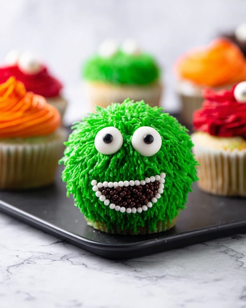 A green cupcake decorated to look like a funny monster face sits on a black tray on a white marbled surface. The cupcake has a round green frosting layer with thin green frosting strands sticking out to look like fur. Two round white candy eyes with black centers are placed near the top, and below them is a wide smiling mouth made of small white candy beads forming the outline, filled with dark brown sprinkles. Around this green monster cupcake, there are other plain cupcakes with orange and red frosting in the background, slightly blurred. Photo taken with an iphone --ar 4:5 --v 7