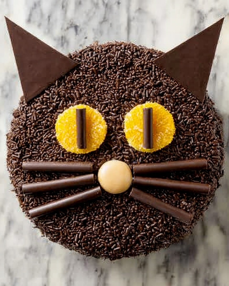 A round cake decorated to look like a cat’s face, covered fully with dark brown chocolate sprinkles that give a rough texture. Two triangular dark brown chocolate pieces are placed on top as ears, positioned at the upper left and right edges of the cake. The eyes are made of two yellow jelly slices with a sugar coating, each topped with a small dark chocolate stick angled vertically in the center. The whiskers consist of three thin, long dark chocolate sticks, two on the left and one on the right, placed horizontally across the lower half of the cake. In the center of the whiskers is a small round dollop of light brown cream acting as the nose. The cake rests on a white marbled surface. Photo taken with an iphone --ar 4:5 --v 7