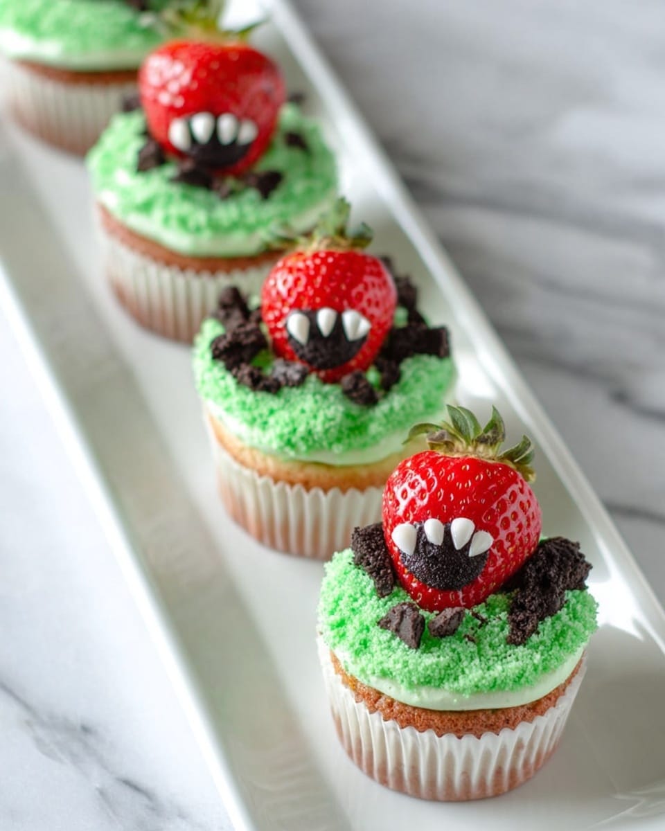 There are five cupcakes arranged in a row on a long white plate, placed on a white marbled surface. Each cupcake has a light brown base wrapped in white paper. On top, there is a layer of bright green frosting textured like swirled grass. Small pieces of dark chocolate or cookie crumbs are scattered on the green frosting. Each cupcake is topped with a red strawberry that is sliced to show a dark hollow center with tiny white drops shaped like teeth, giving a monster-like look. The image is bright and fresh, showing the cupcakes from a slight top angle. photo taken with an iphone --ar 4:5 --v 7