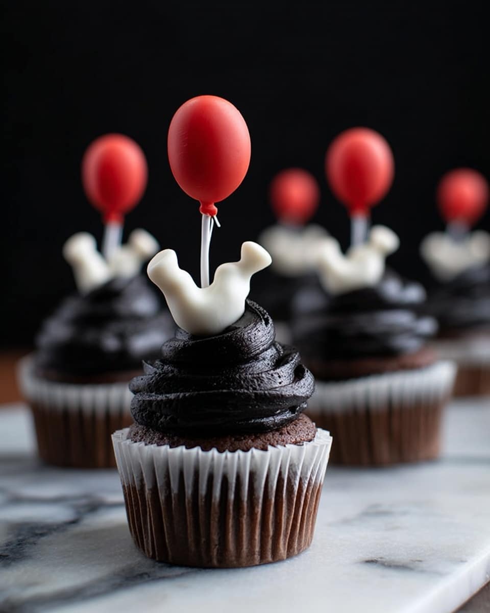 A chocolate cupcake in a white paper liner sits topped with thick, swirled black frosting. Emerging from the frosting is a small, white sculpted arm and hand reaching upwards, grasping a bright red balloon on a white stick. The balloon is smooth and round. The background is dark, making the cupcake’s colors stand out sharply. The surface under the cupcake appears dark but will be imagined as white marbled. Multiple similar cupcakes form a blurred line going back. Photo taken with an iphone --ar 4:5 --v 7