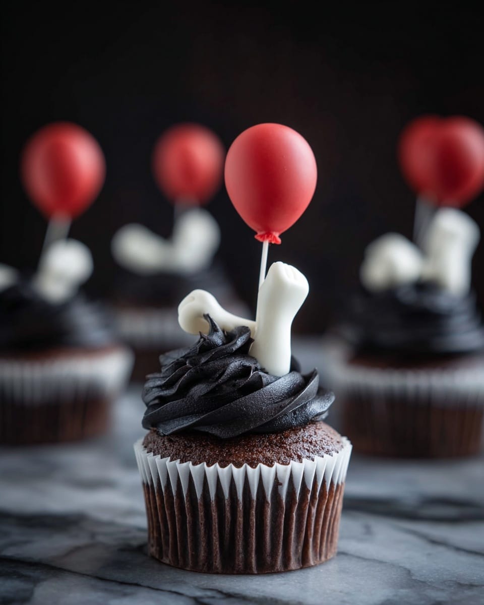 The image shows three chocolate cupcakes in a white paper liner with black ruffled covers, arranged in a row on a white marbled surface. Each cupcake has a bottom layer of dark brown chocolate cake, topped with a thick swirl of smooth, rich black frosting. On top of the frosting sits a small white fondant shaped like a small body with two arms and hands reaching upward. A bright red balloon on a white stick rises from the center of each cupcake held between the fondant hands. The background is dark, making the cupcakes stand out clearly. Photo taken with an iphone --ar 4:5 --v 7