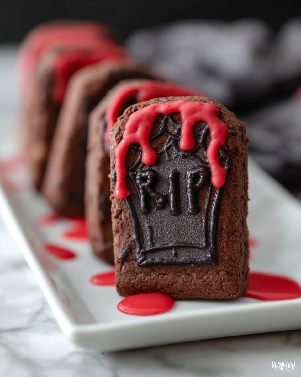 The image shows several small tombstone-shaped chocolate cakes on a white plate with a white marbled surface underneath. Each cake has three main parts: a dark brown tombstone shape with textured letters and a skull on the front, white icing outlining the tombstone edges and base, and bright red icing details including two dots on the skull's eyes and drips on the top and sides of the tombstones. The cakes are arranged with one in clear focus in the front, and the others blurred in the background, all sharing the same decoration style. Photo taken with an iphone --ar 4:5 --v 7