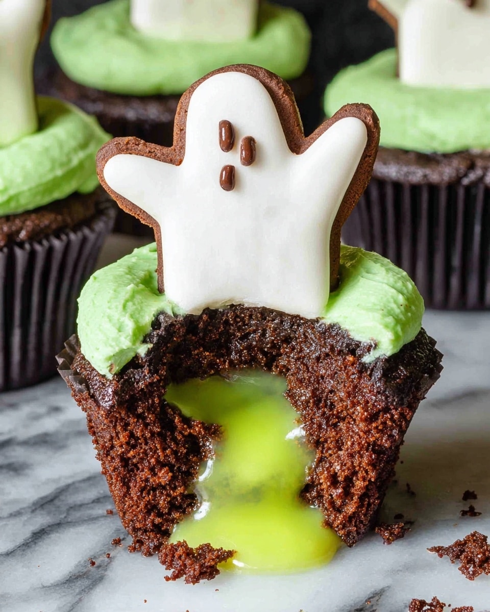 The image shows several chocolate cupcakes with a crumbly, textured top layer that looks dark brown and slightly rough. Each cupcake is in a black paper liner. On top of each cupcake stands a white ghost-shaped decoration with a smooth surface, featuring small black eyes and a mouth made of icing. The base of the ghost decoration is dipped in bright green icing that looks glossy and slightly thick, sitting right on top of the cupcake. The cupcakes are placed on a dark metal cooling rack, set against a white marbled background. The photo taken with an iphone --ar 4:5 --v 7