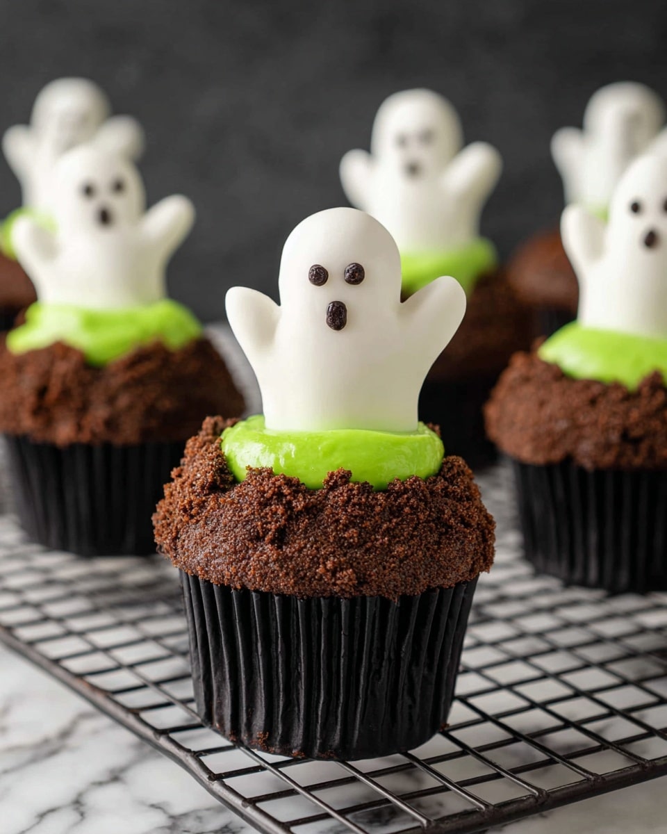 The image shows a chocolate cupcake with three layers: the bottom layer is dark brown, soft, and crumbly chocolate cake. Inside the cake, there is a bright green, melted filling that is dripping out. On top, there is a thick layer of green frosting with a smooth, creamy texture. Finally, a white ghost-shaped cookie with small brown eyes and mouth stands on the frosting. The cupcakes are placed on a white marbled surface. photo taken with an iphone --ar 4:5 --v 7