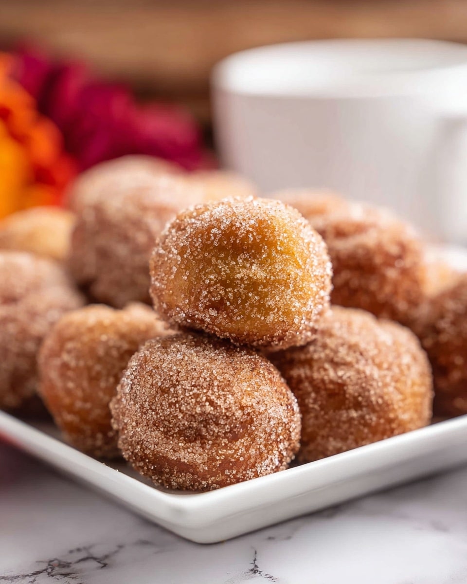 The image shows a white bowl full of small brown doughnut holes covered in sugar. One doughnut hole is held by a woman's hand above the bowl, showing a close view of the inside, which is soft and yellowish-orange in color. The background includes a soft white marbled surface with a blurred orange and white cloth behind it. The doughnut holes look round and have a slightly rough sugar-coated texture on the outside. photo taken with an iphone --ar 4:5 --v 7
