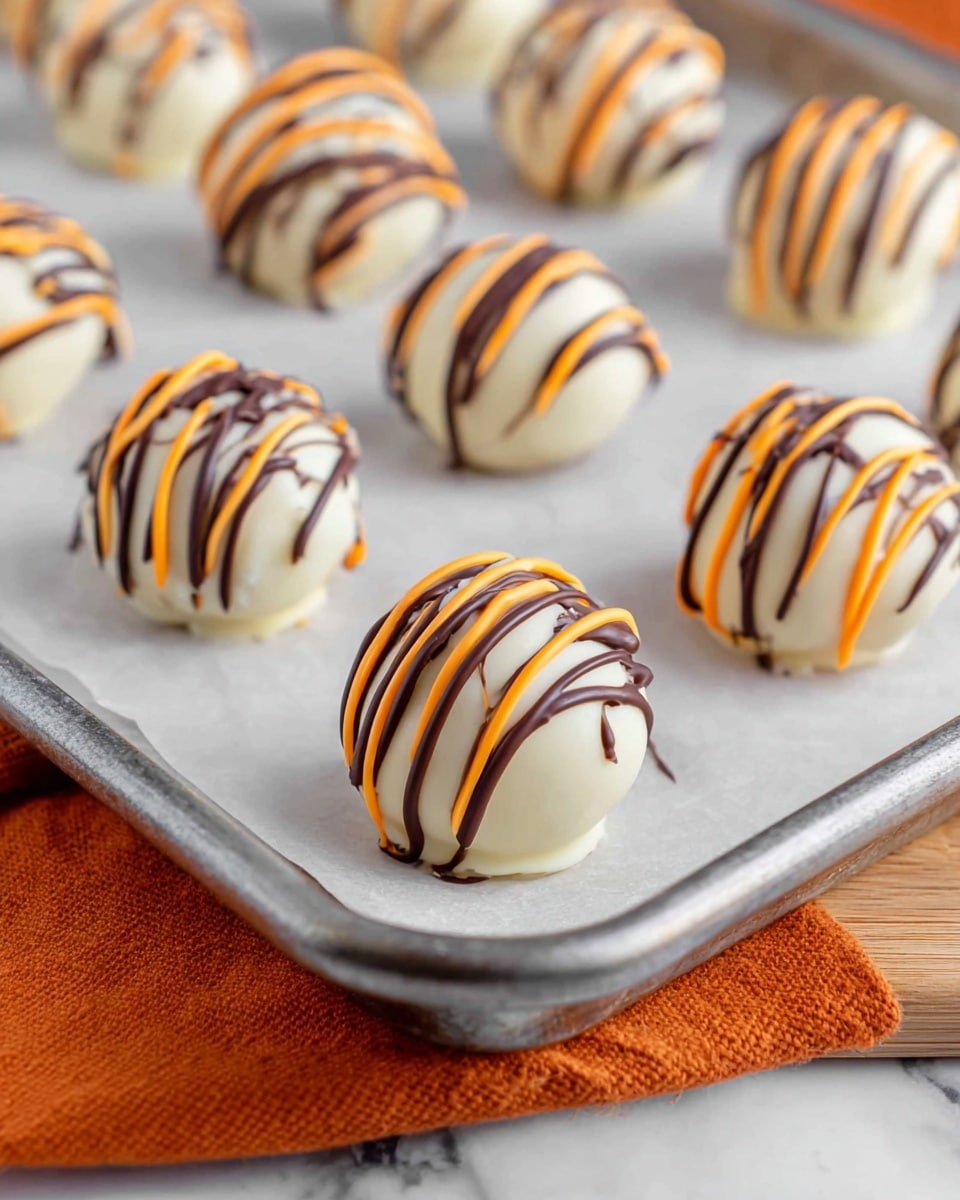 The image shows a pile of round white balls coated smoothly with white chocolate, each ball decorated with two layers of drizzle on top: thin, wavy lines of dark chocolate and thin, wavy lines of orange icing crisscrossing over each other. The balls rest inside a white bowl lined with crumpled white parchment paper, set against a white marbled surface. The close-up shot focuses on the front balls, making the texture of the chocolate coating and the glossy drizzle visible. photo taken with an iphone --ar 4:5 --v 7