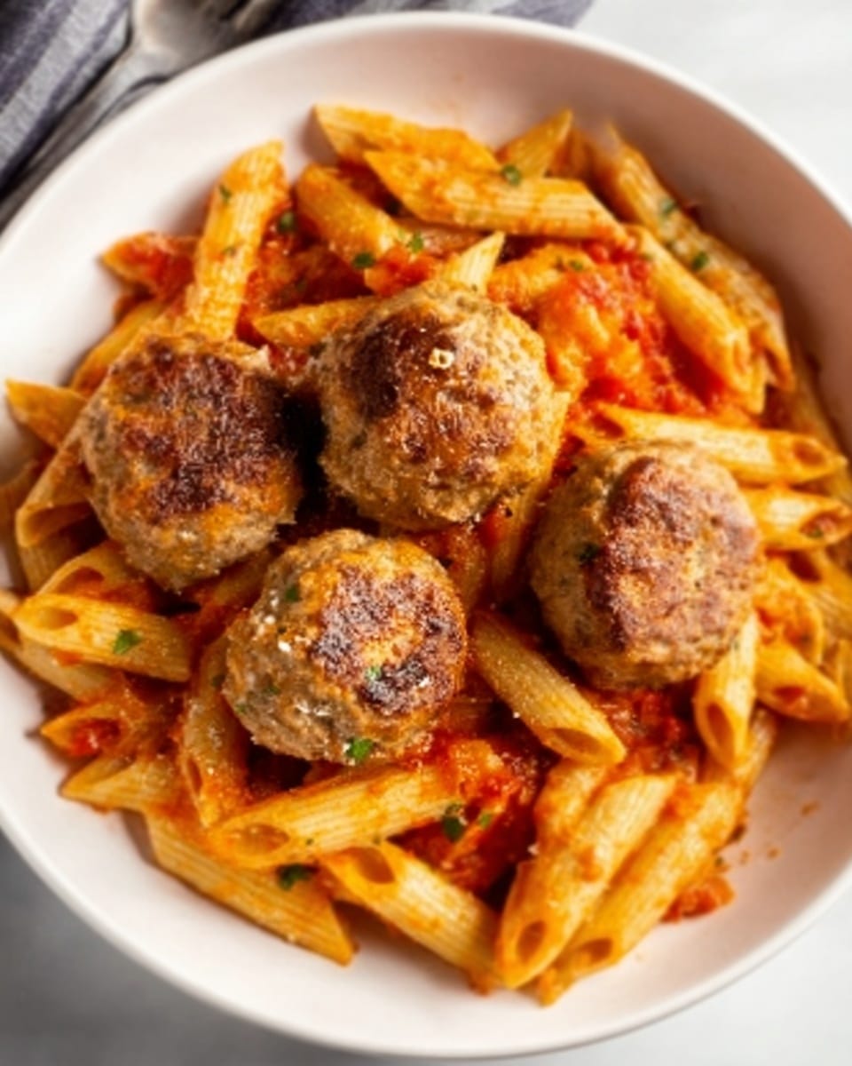 A white round bowl on a white marbled surface holds a serving of penne pasta mixed with red tomato sauce. On top of the pasta, there are six round, browned meatballs arranged evenly. The meatballs have a light texture with some visible seasoning. The pasta is coated with sauce, showing smooth, curved shapes in an orange-red color. The image looks warm and inviting with a close-up focus on the bowl. photo taken with an iphone --ar 4:5 --v 7