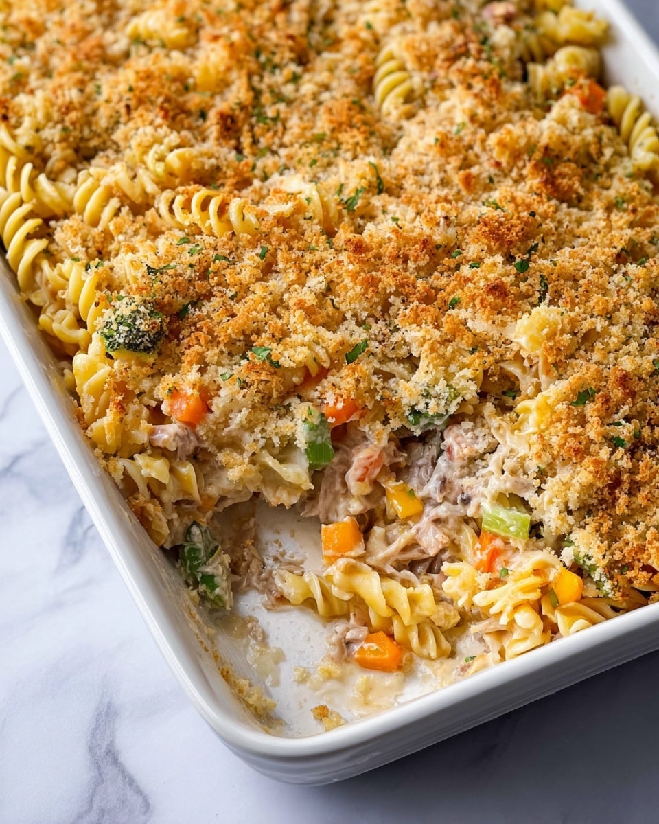 In a white rectangular dish, a pasta casserole is shown with two visible layers. The bottom layer contains cooked spiral pasta mixed with small chunks of meat and pieces of mixed vegetables in white sauce, giving it a creamy texture with colors of white, light brown, green, orange, and yellow. The top layer is a golden-brown breadcrumb crust that looks crunchy and covers the pasta evenly. A portion of the casserole is missing from one corner revealing the layers inside. The dish is placed on a white marbled surface. photo taken with an iphone --ar 4:5 --v 7
