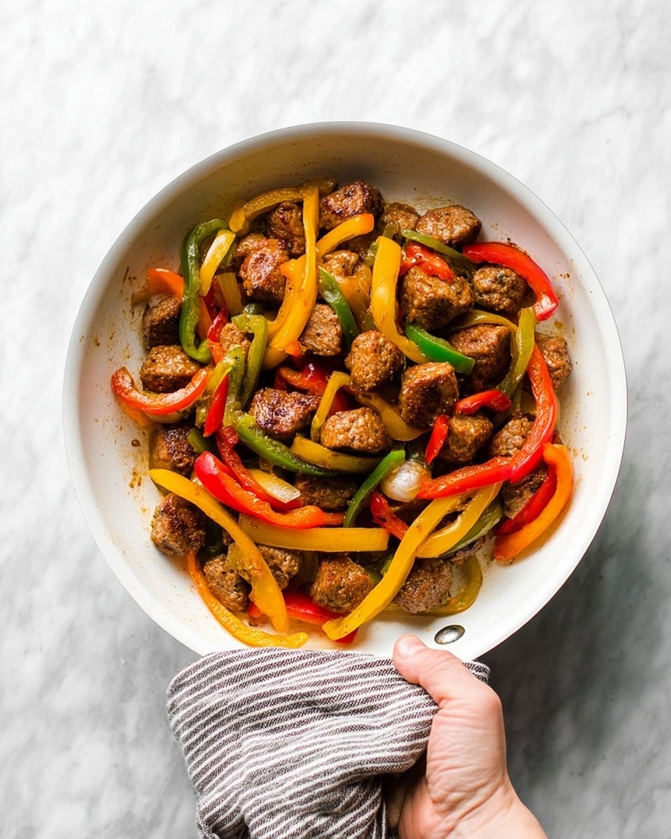 A white pan filled with cooked small round brown meat pieces and colorful cooked bell pepper strips in red, yellow, and green. The bell peppers are sliced thin and mixed evenly with the meat pieces, creating a vibrant contrast. The pan is held by a woman's hand wrapped in a striped cloth. The background is a white marbled texture. photo taken with an iphone --ar 4:5 --v 7