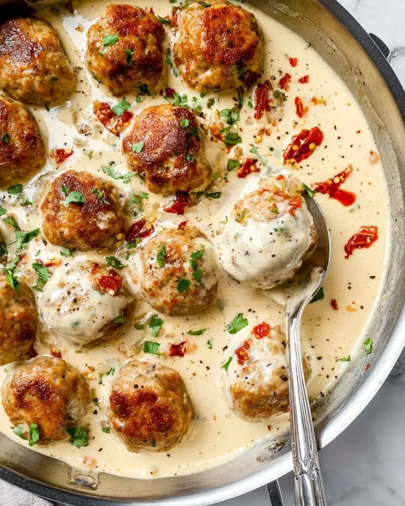 Turkey Pesto Meatballs with Sun-Dried Tomato Alfredo Sauce Recipe