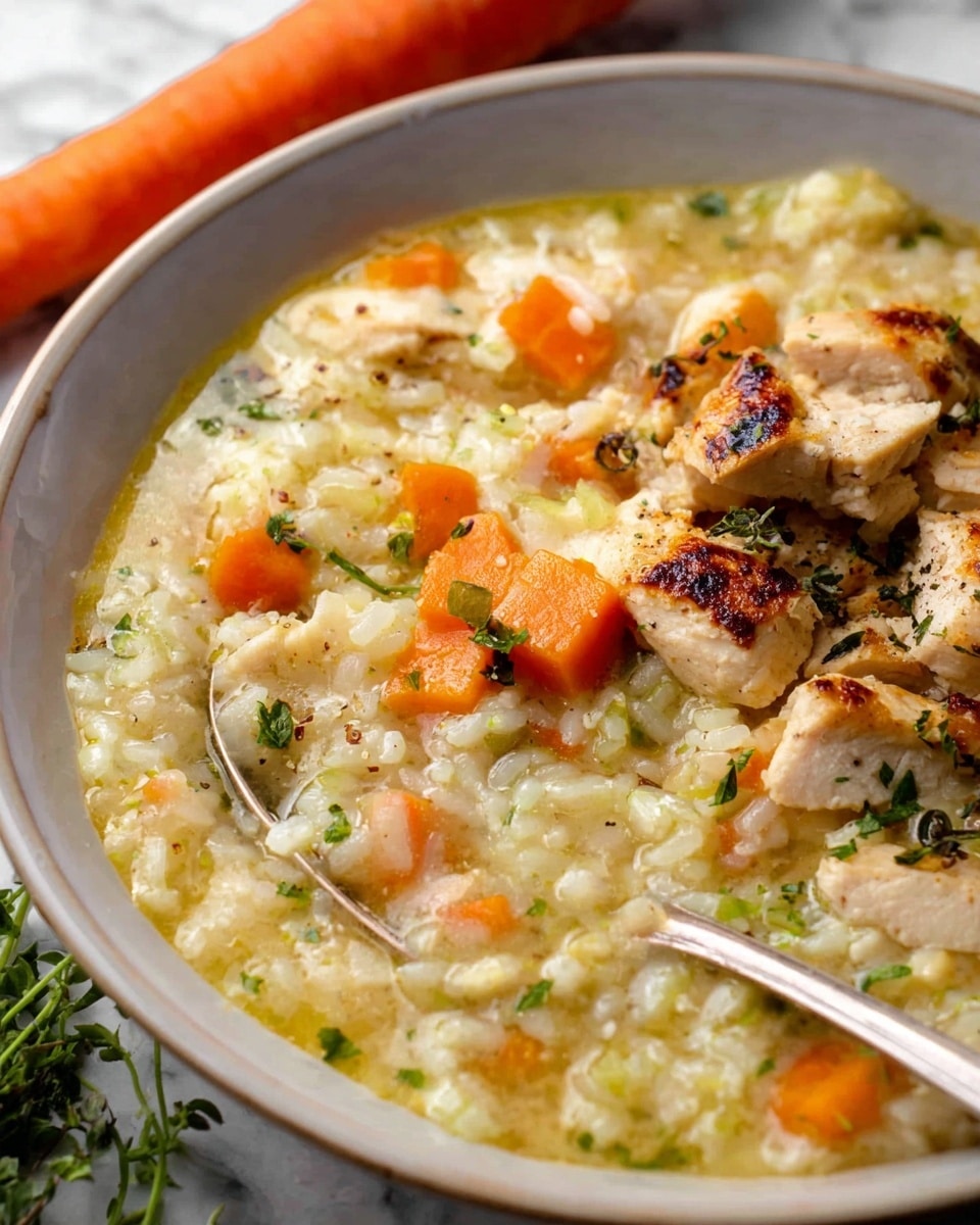 A white round bowl filled with a thick rice soup showing about three layers: a base layer of soft cooked rice in light yellow broth, second layer of small orange carrot pieces and white cooked chicken chunks mixed evenly, and a top layer sprinkled with chopped green herbs and black pepper flakes. A silver spoon rests on the right edge inside the bowl, partially submerged in the soup. The bowl sits on a white marbled textured surface with a green cloth partly visible underneath on the left side. Photo taken with an iphone --ar 4:5 --v 7