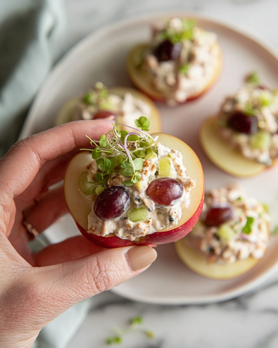 Thin round apple slices with red edges lay flat on a white plate with a white marbled texture beneath. Each apple slice is topped with a creamy mixture containing small pieces of light beige chicken, pale green celery, dark red dried cranberries, and small chopped brown nuts. The creamy topping has a slightly rough texture and is mounded in the center of each apple slice. The background shows blurred red apples. Photo taken with an iphone --ar 4:5 --v 7