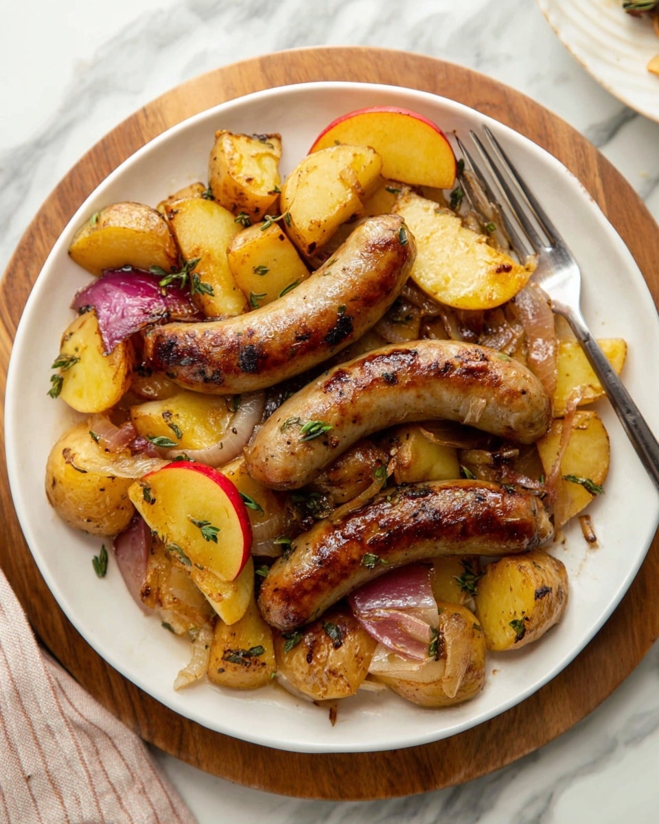 The image shows a white baking dish filled with three browned sausages on top of large pieces of roasted orange carrots, golden brown potato wedges, and slightly charred purple onion slices, all coated with a glossy mustard seed sauce and garnished with fresh green herbs. Below, a white plate holds a small serving of the same food arranged with two sausages on top, bright orange roasted carrots, golden potato slices, and purple onion wedges, also covered with the mustard seed sauce and fresh herbs. The dish and plate are placed on a white marbled surface with a yellow-striped cloth nearby, and part of a blue spoon with mustard sauce is visible on the side. photo taken with an iphone --ar 4:5 --v 7