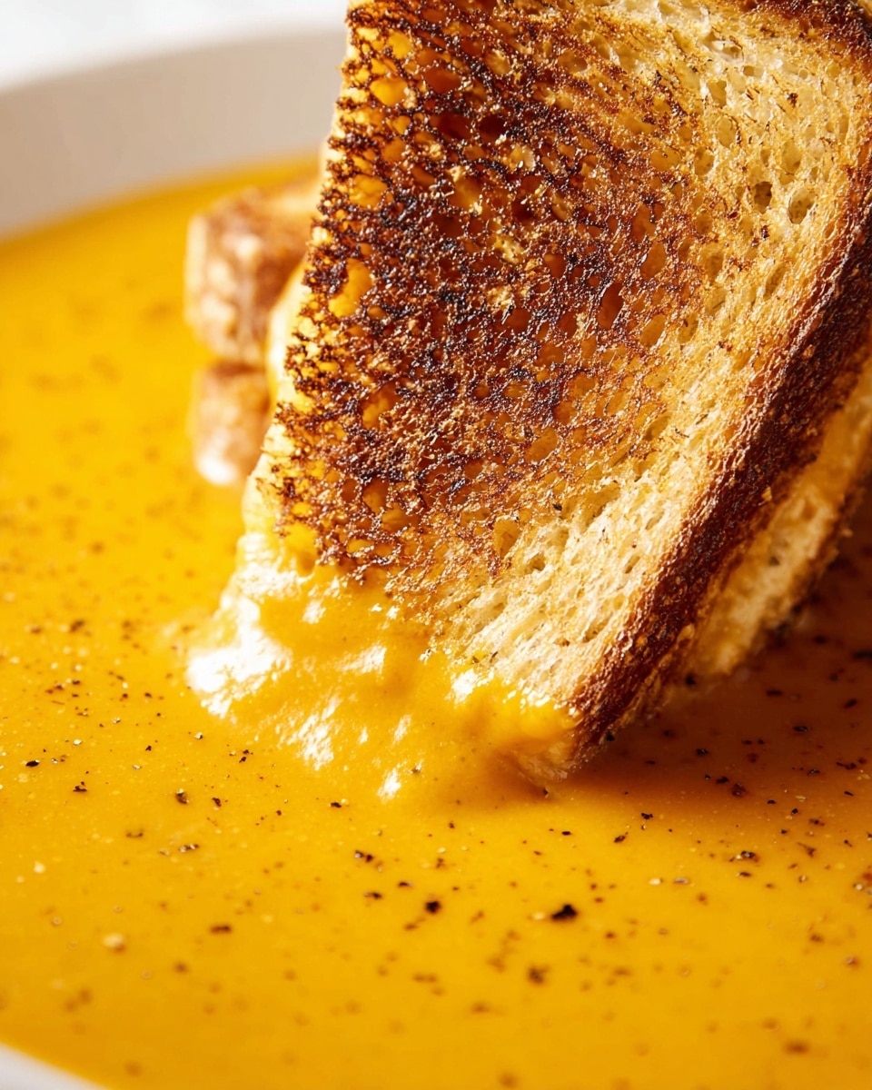 A close-up view shows a golden-brown grilled sandwich partially dipped into thick, smooth, bright orange soup. The sandwich crust has a crunchy, textured surface with a web-like pattern of browning, contrasting with the soft, light inside of the bread visible at the edges. The soup has a shiny, creamy look with tiny dark specks and covers the bottom of a shallow white bowl, sitting on a white marbled surface. Photo taken with an iphone --ar 4:5 --v 7
