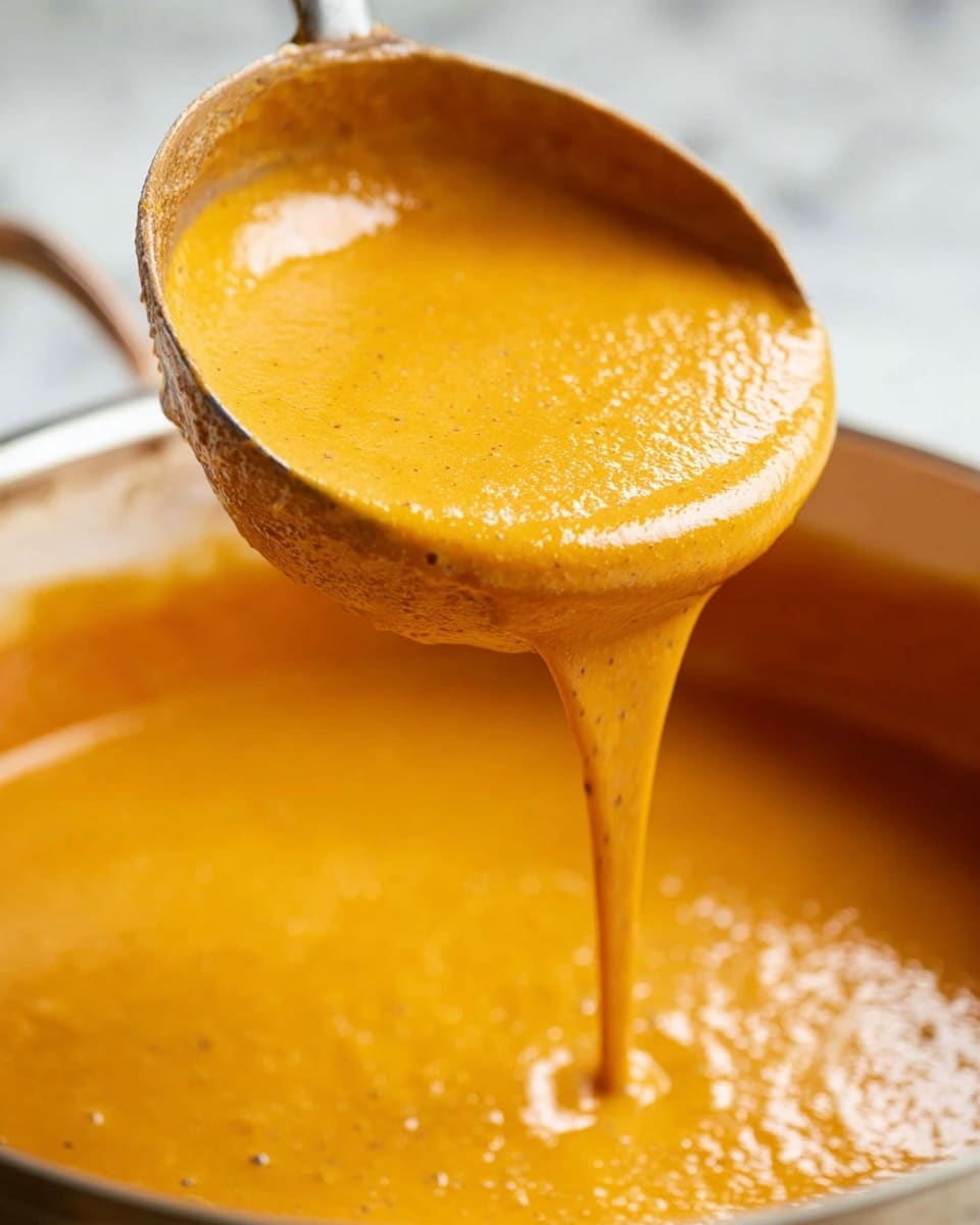 A white bowl filled with thick, smooth orange soup, with a silver spoon partially dipped in the soup on the right side of the bowl, creating a small swirl. A grilled sandwich with a golden-brown crispy surface rests on the left side of the bowl, slightly dipped into the soup. Small bits of green herbs are sprinkled lightly over the soup. The bowl is on a white marbled surface. photo taken with an iphone --ar 4:5 --v 7