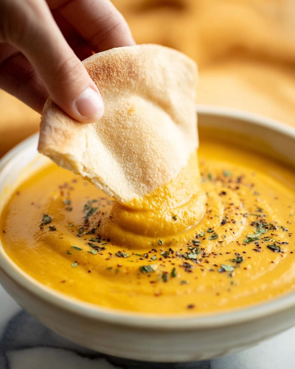 A close-up image shows a woman's hand dipping a piece of soft pita bread into a thick, smooth yellow-orange soup or sauce inside a white bowl. The sauce has a creamy texture with small specks of herbs and black pepper sprinkled on top, creating a slight contrast in color. The bowl is placed on a white marbled surface, and the background is softly blurred with warm tones. The focus is mainly on the hand, pita, and the vibrant sauce. photo taken with an iphone --ar 4:5 --v 7