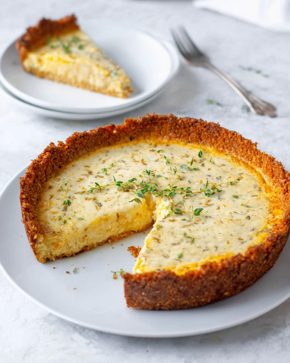 A slice of quiche with two clear layers, placed centrally on a white plate set on a white marbled surface. The bottom layer is a thick, golden-brown, crispy crust with a rough, textured edge that rises slightly higher on one side. The top layer is a smooth, pale yellow egg filling with tiny holes and specks, sprinkled lightly with black pepper and herbs. Three small green herb sprigs lie on top of the egg layer, with one similar sprig resting next to the slice on the plate. In the background, part of a larger quiche on a white plate is visible, slightly out of focus, along with a stack of white plates. Photo taken with an iphone --ar 4:5 --v 7