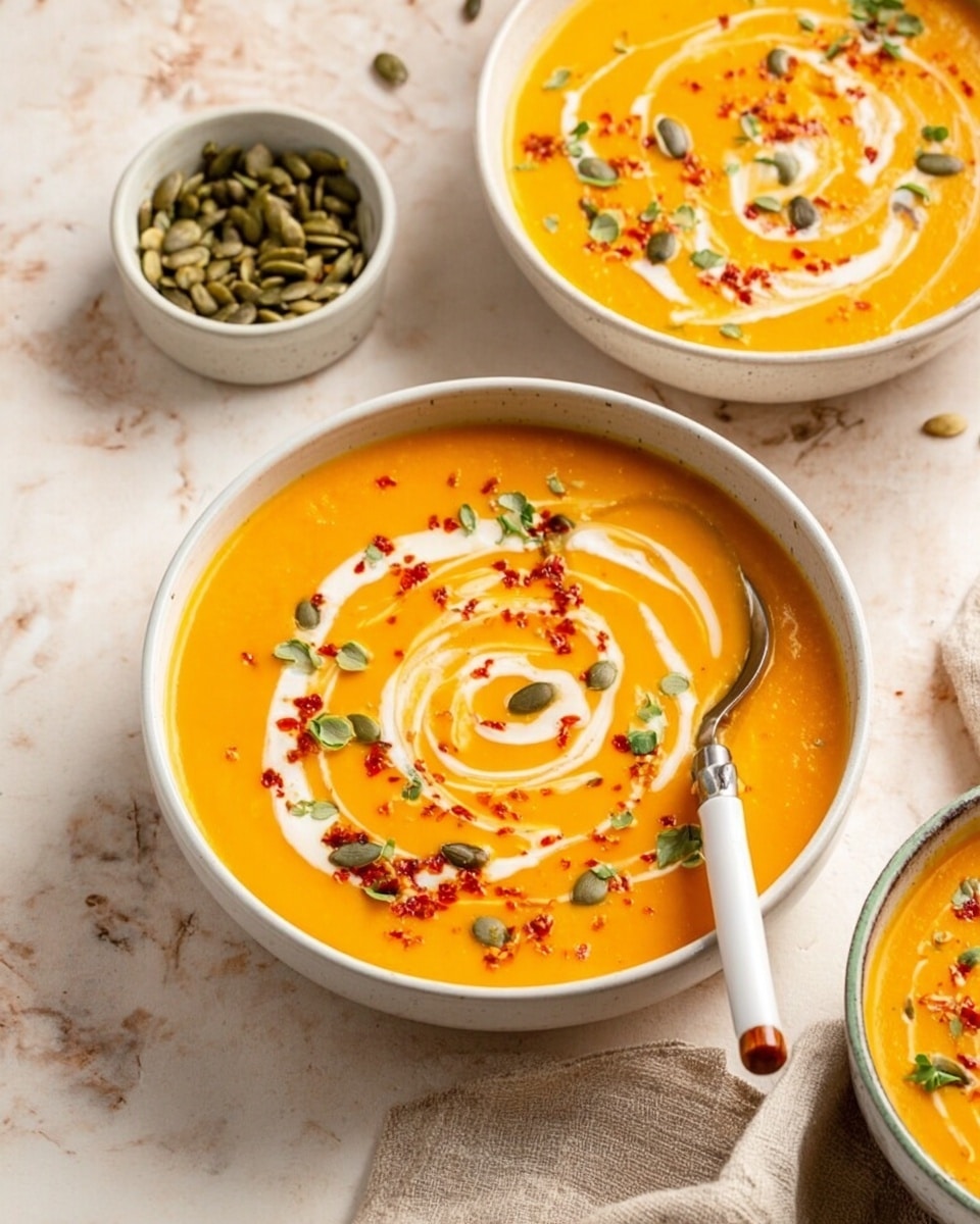 The image shows a white bowl filled with smooth, bright orange pumpkin soup. The soup has a creamy texture with a swirl of white cream on top, scattered with small bits of red bacon and green pumpkin seeds. Tiny green herbs are sprinkled around the surface, adding contrast to the orange base. A spoon with a white handle rests inside the bowl on the right side. The bowl sits on a white marbled surface, and parts of two more bowls with the same soup can be seen blurred in the background. photo taken with an iphone --ar 4:5 --v 7