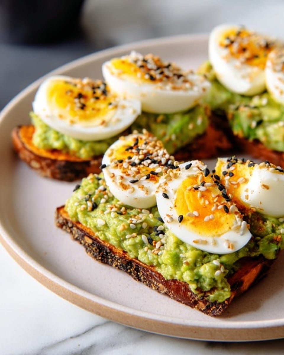 The image shows three pieces of roasted sweet potato slices acting as the base layer on a white plate with a white marbled surface background. On top of each sweet potato slice, there is a thick layer of mashed avocado, bright green and creamy in texture. The avocado is topped with perfectly sliced rounds of hard-boiled egg, which are white with vibrant yellow yolks in the center. The eggs are sprinkled with a mix of black and white sesame seeds and other seasoning, adding small specks of texture and color contrast. Photo taken with an iphone --ar 4:5 --v 7